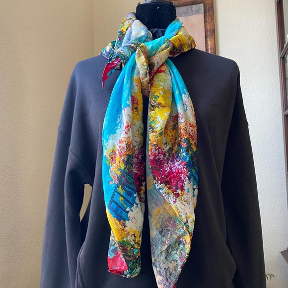 Accessories - Silk Scarf Scenic Coastal Town Lake/Shoreline Painting